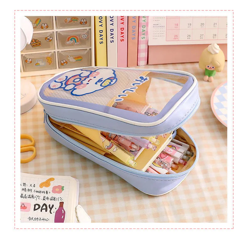 Transparent cartoon pencil case with caramel bear design and large capacity for student stationery