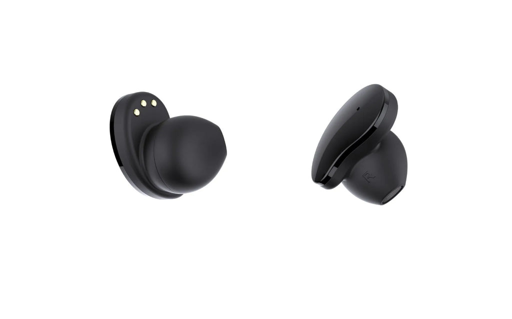 Black smart fitness bracelet with detachable TWS Bluetooth earbuds on a wrist, showing colour screen.