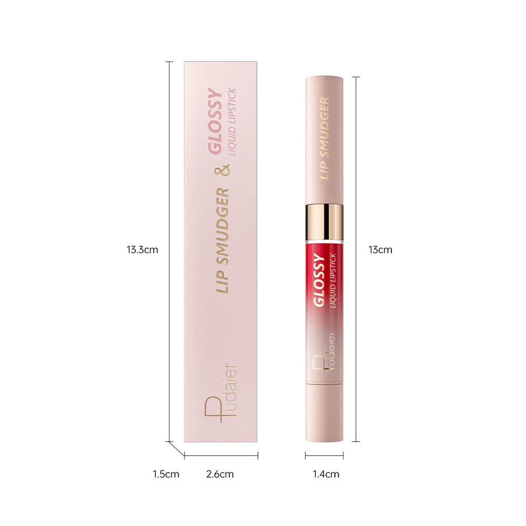 Double-headed lipstick and lip gloss product showing matte and glossy ends in one of ten available colours.