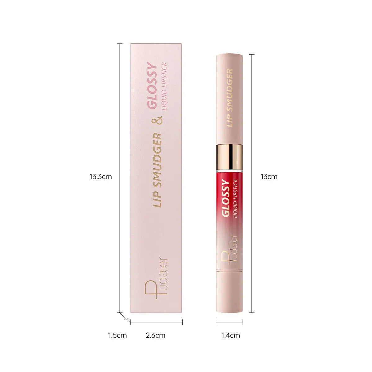 Double-headed lipstick and lip gloss product showing matte and glossy ends in one of ten available colours.