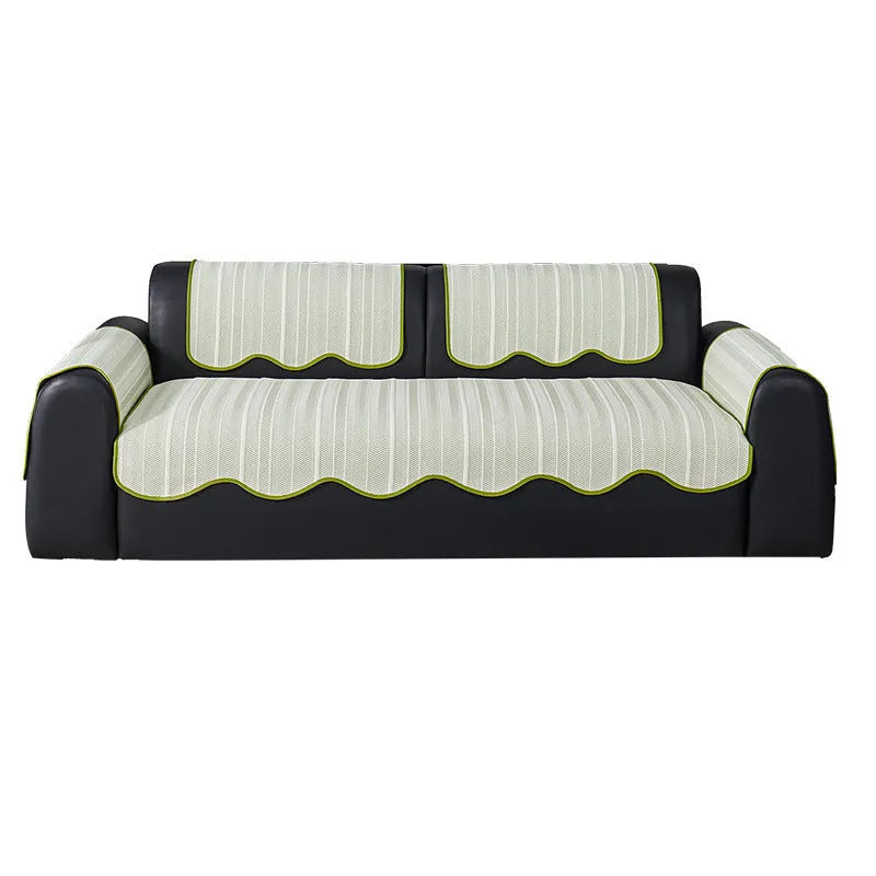 Ice Silk special-pattern sofa cover in Cloud Grey, showing straight row mat non-slip construction.