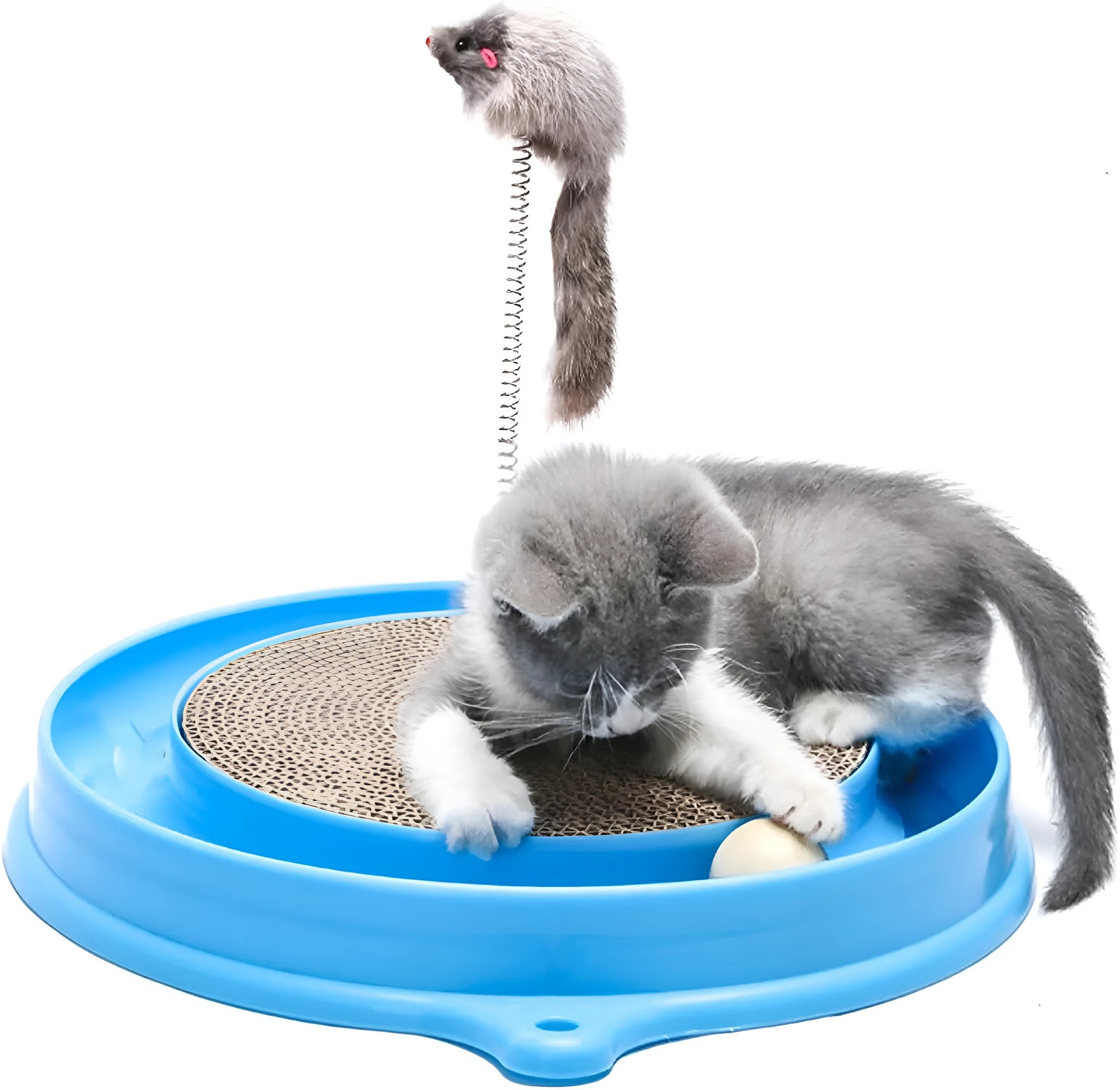 Blue interactive cat scratcher toy with ball in track and replaceable cardboard pad.