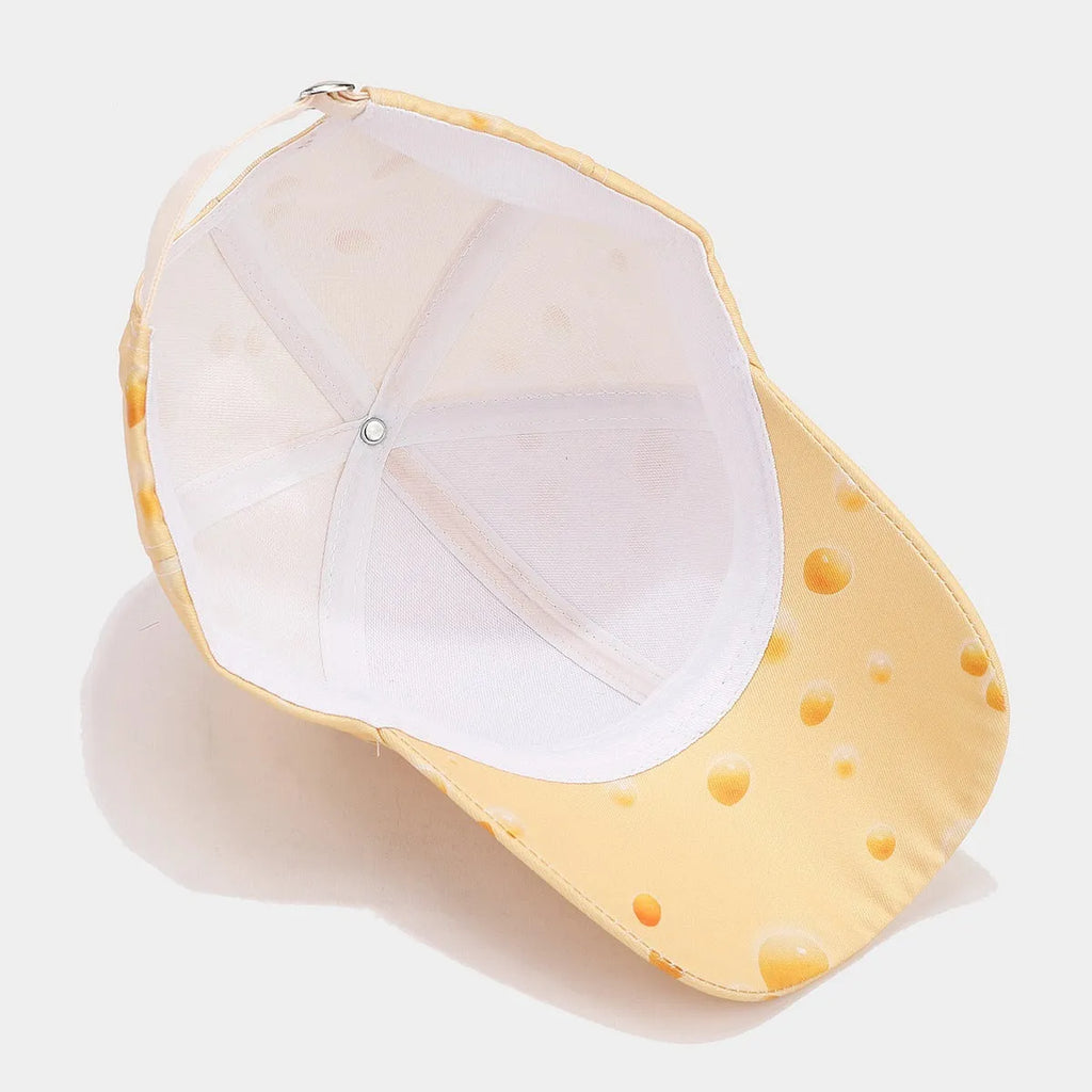Printed cheese pattern adjustable peaked cap with dome crown and polyester construction