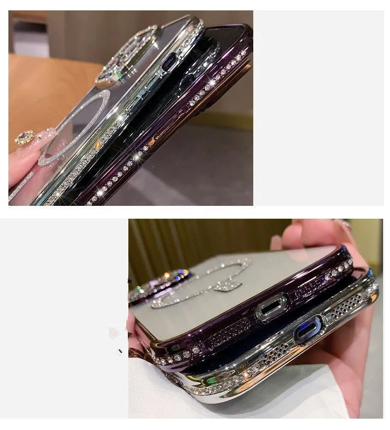 Wireless magnetic silicone phone case for iPhone in four colour options: deep purple, blue, rose gold, and silver.
