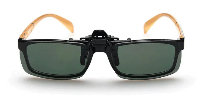 Plastic clip-on sunglasses overlay for prescription glasses, shown in large size with grey tinted lens.