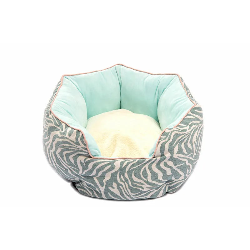 Octagonal pet bed with removable mats in blue colour with soft wool point design
