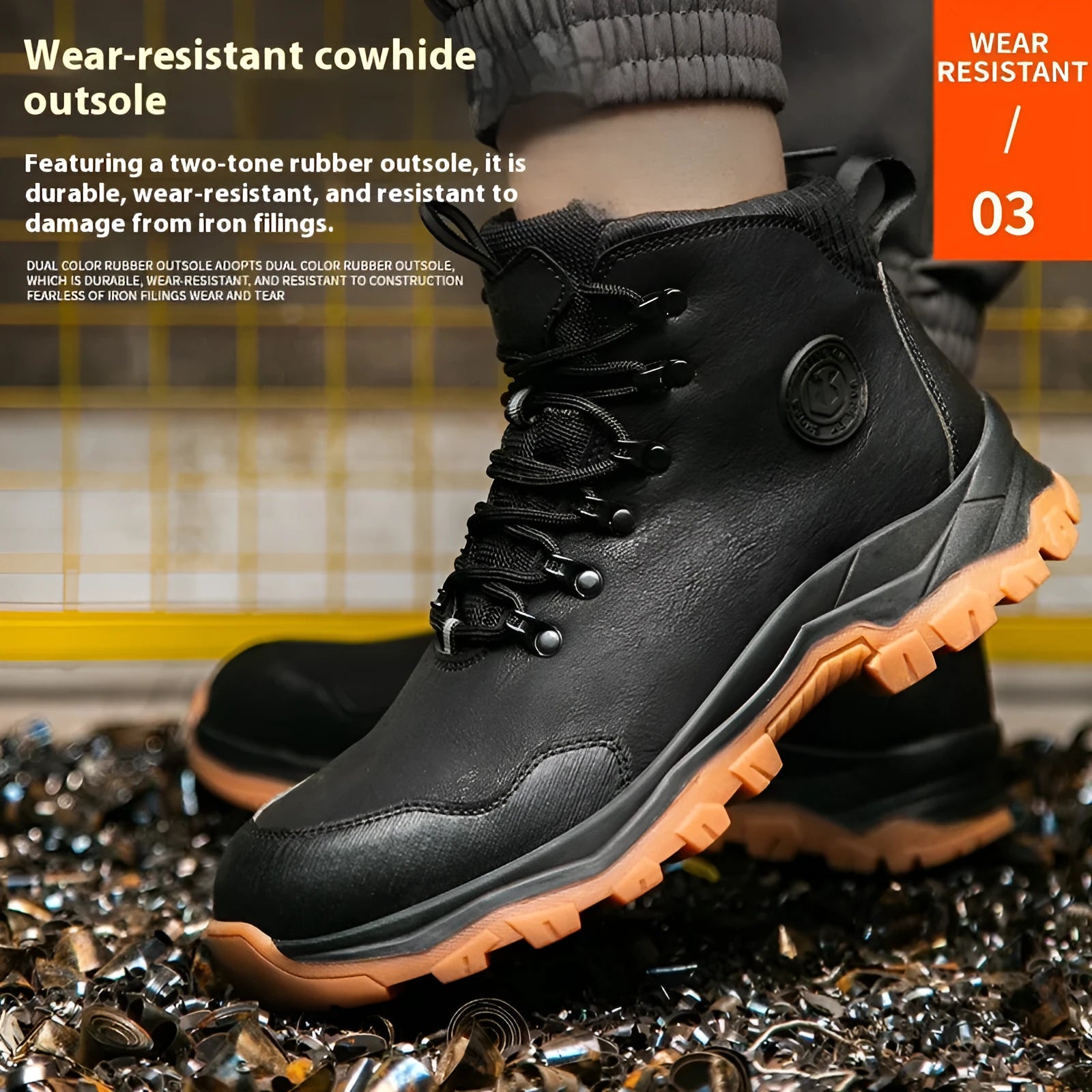 Pair of thick wear-resistant non-slip breathable lightweight steel toe shoes in black cowhide high-top style