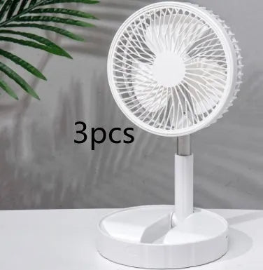 Black portable telescopic folding fan extended to full height showing oscillation function and power bank port