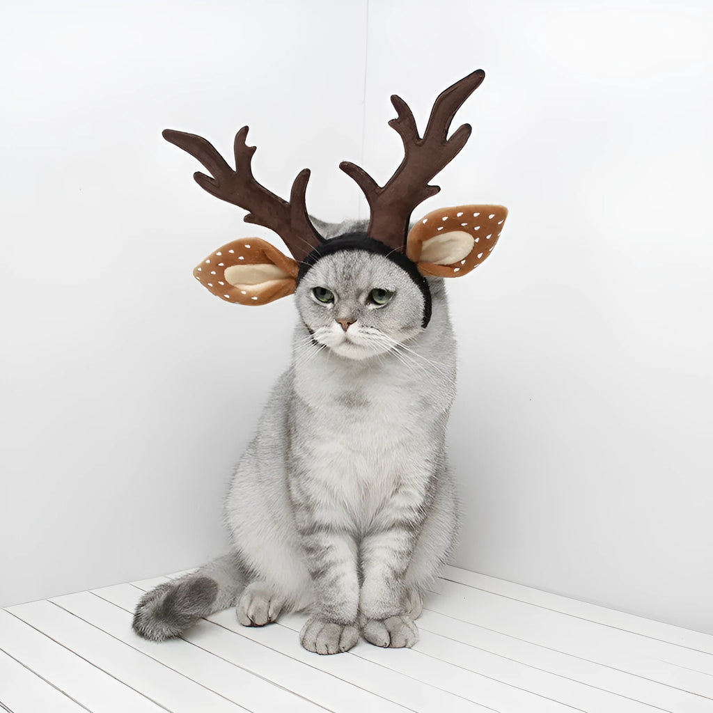 Yellow plush pet antler headband with adjustable hoop on a dog, Christmas reindeer costume