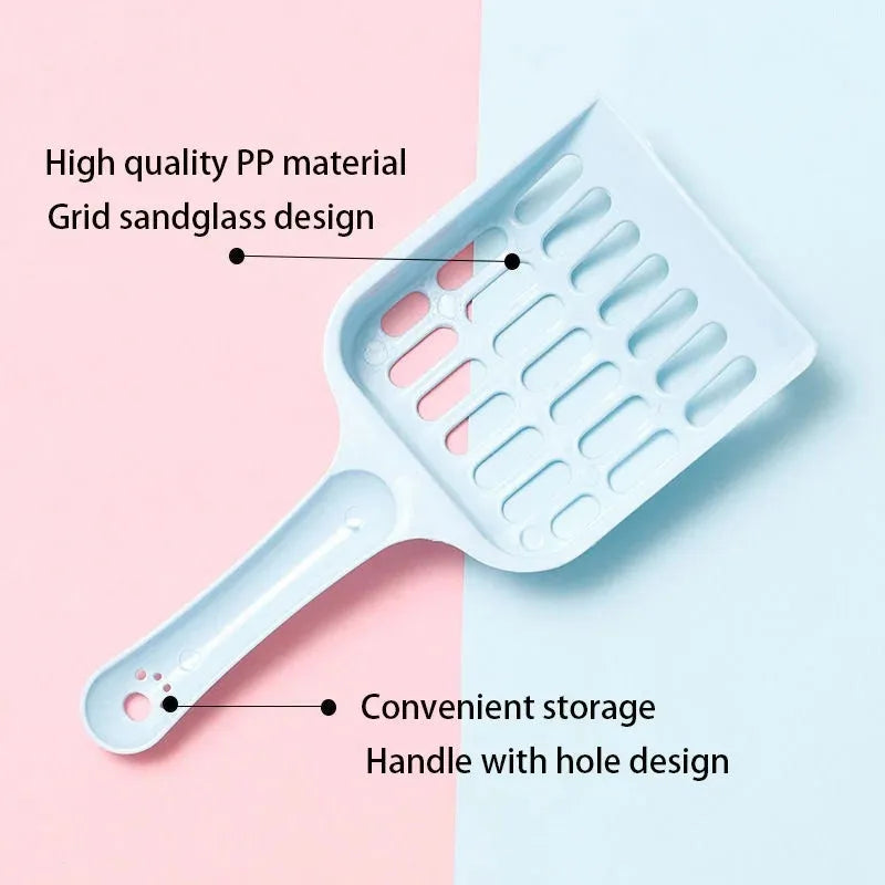 Blue plastic cat litter scoop showing 20cm length and 9cm width for pet tray cleaning