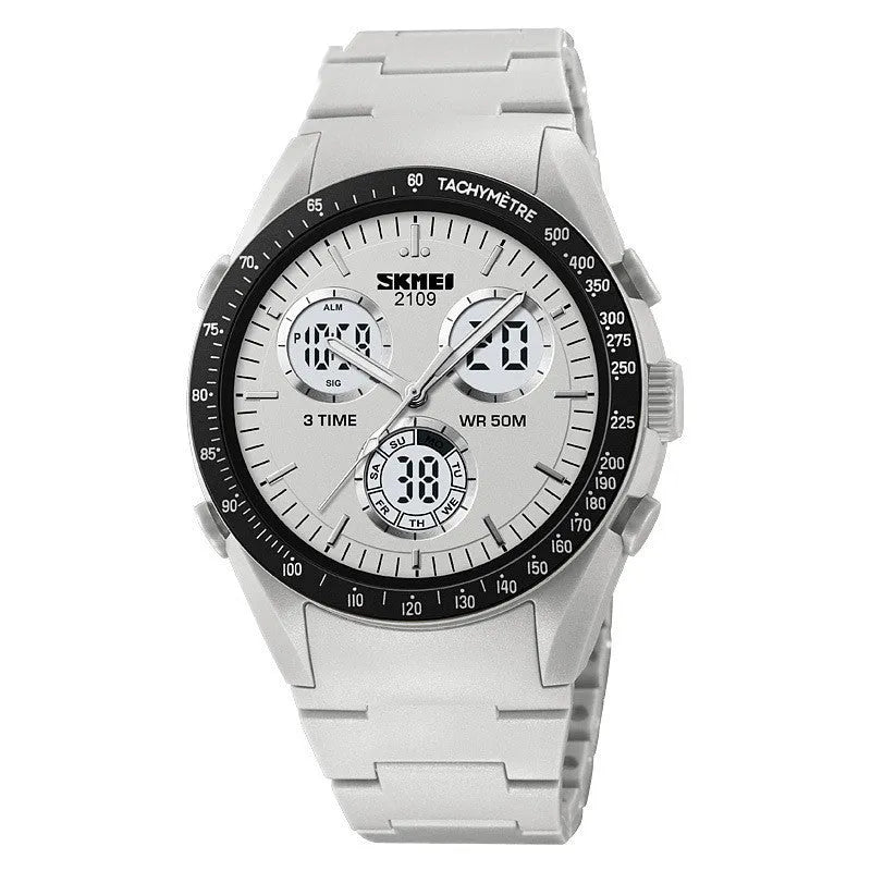 Unisex digital watch with camouflage strap and resin lens, showing time display and stainless steel buttons.