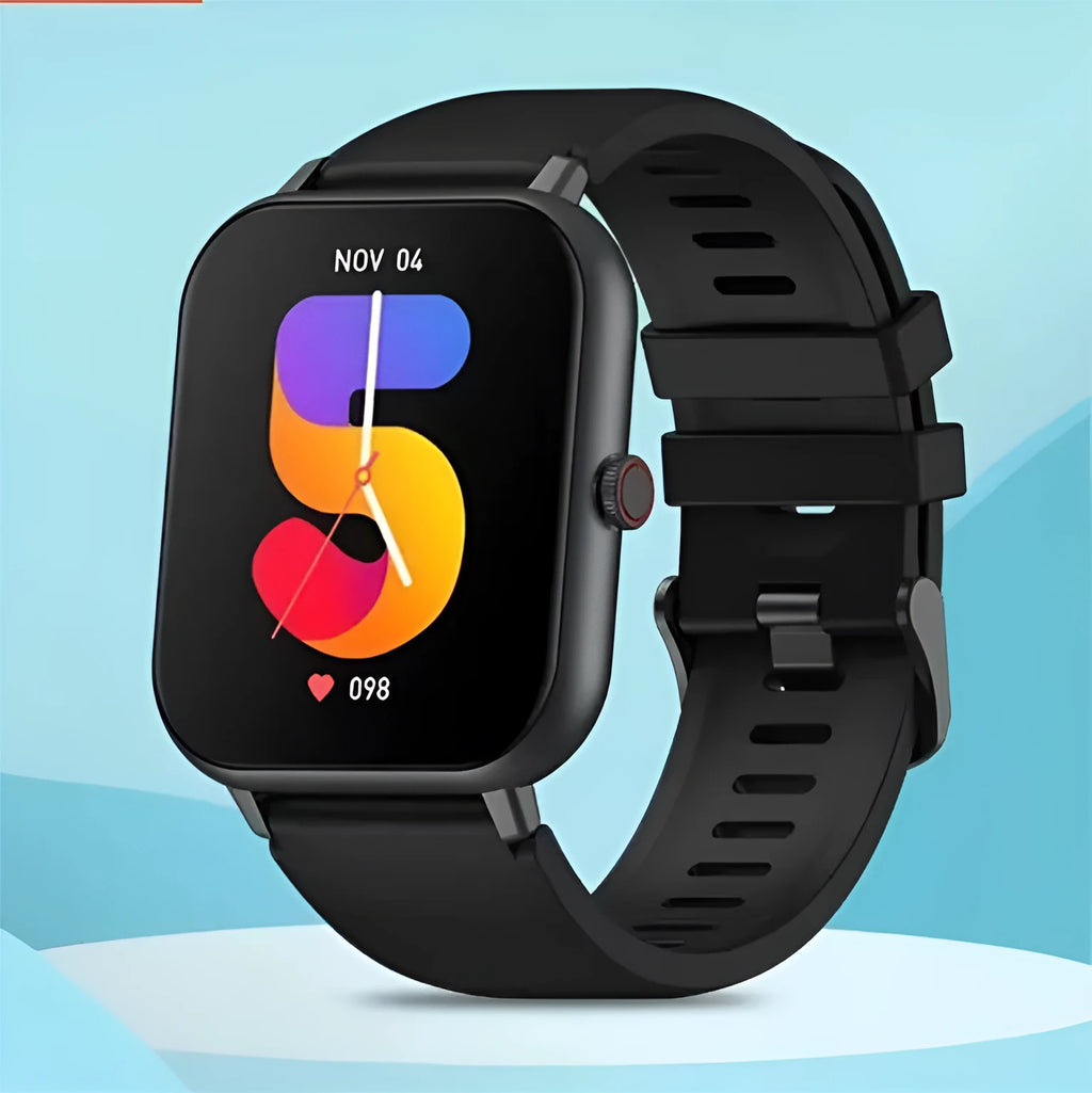 Black smart watch with touch button and TFT screen on a wrist, showing heart rate monitoring display.