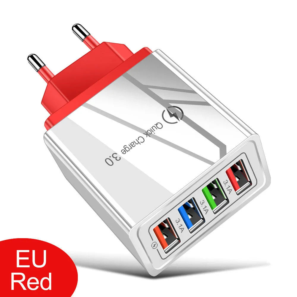 Intelligent 3A mobile phone charging head with luminous indicators showing four USB ports