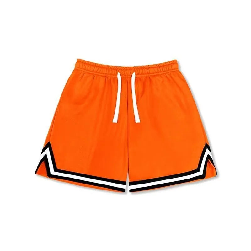 Men's loose-fit polyester sports shorts in various colours on a size chart.