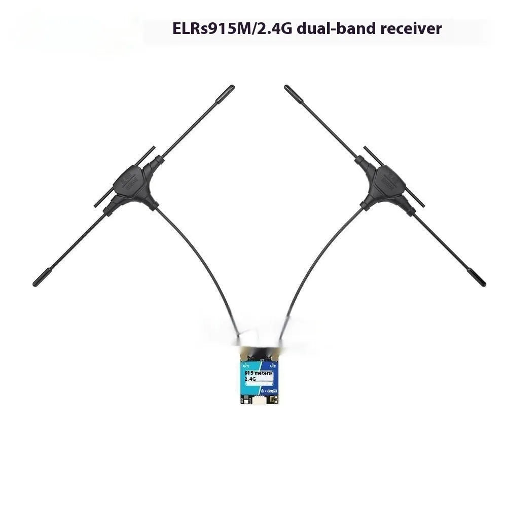 ELRS dual-band FPV receiver with metal case and two T-shaped antennas