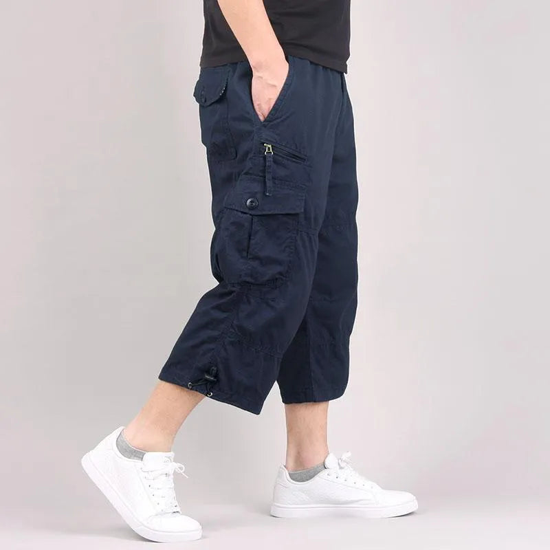 Men's cotton cropped casual pants in khaki colour with loose fit for sports activities