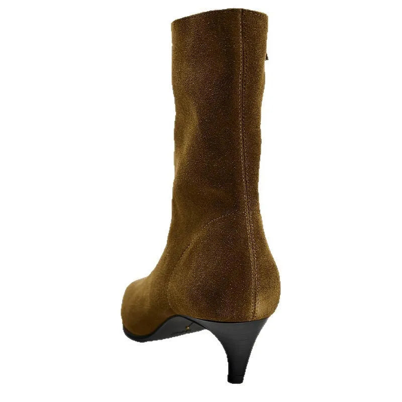 Brown square toe women's ankle boot with a side zip and a mid kitten heel on a plain background.