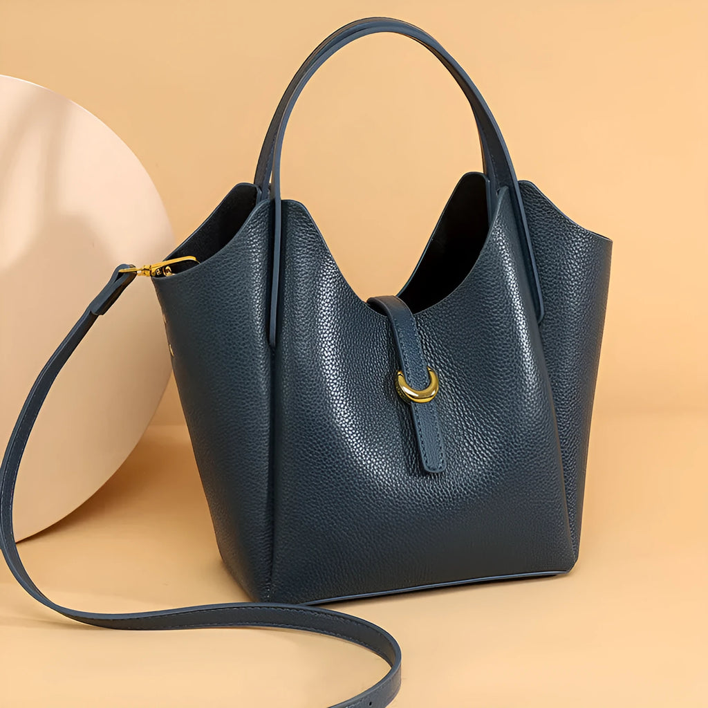 Genuine leather women's retro bucket bag with hand holding design in black, beige, khaki or lake blue colour