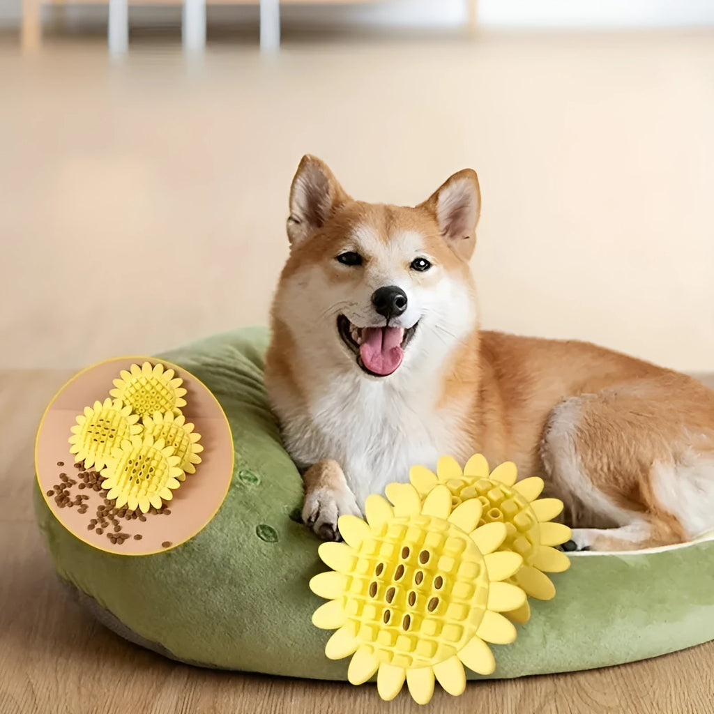 Yellow rubber sunflower dog chew toy for small dogs and puppies, 7.5cm diameter
