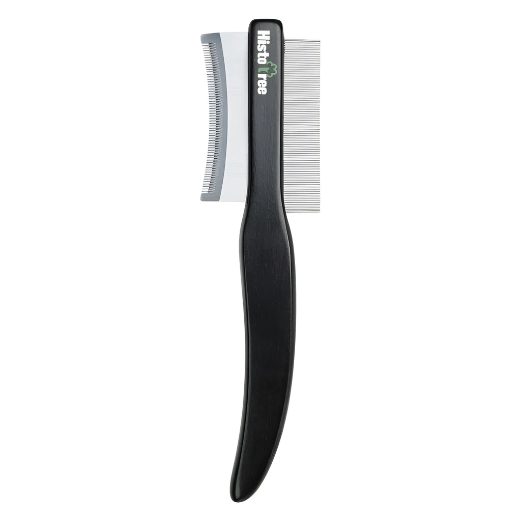 Black wood-handled pet grooming comb with double-sided stainless steel teeth for cat and dog grooming