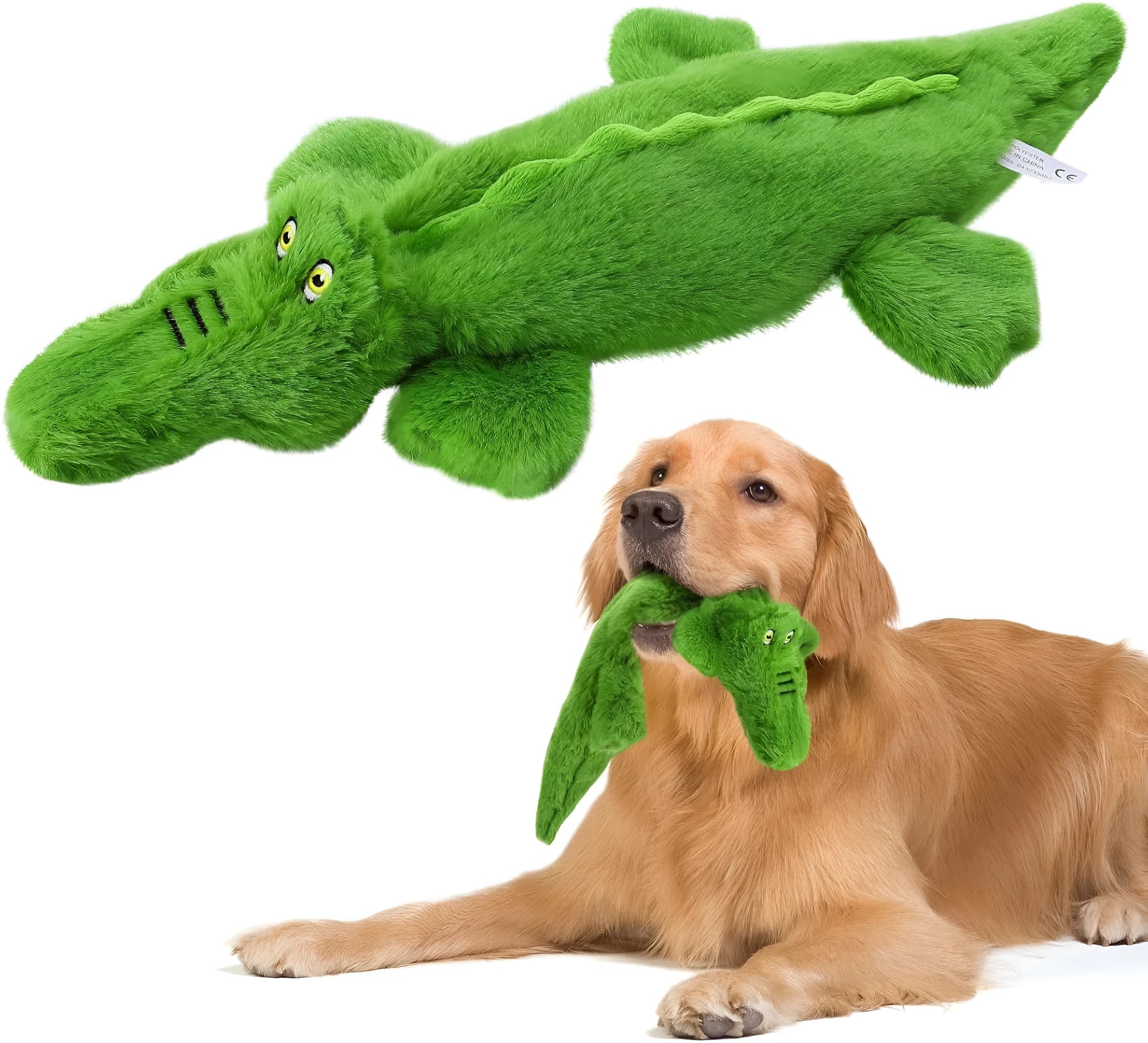 Green crocodile-shaped plush dog toy with a squeaker in the head and crinkle paper in the tail.