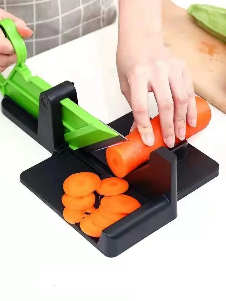 Green and red vegetable cutting tool with stainless steel blades for carrots and potatoes