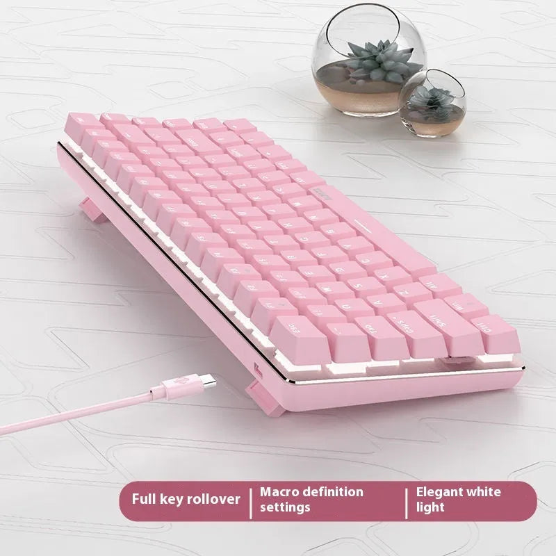 82-key mechanical keyboard with white backlight and metal construction showing red or green switch options