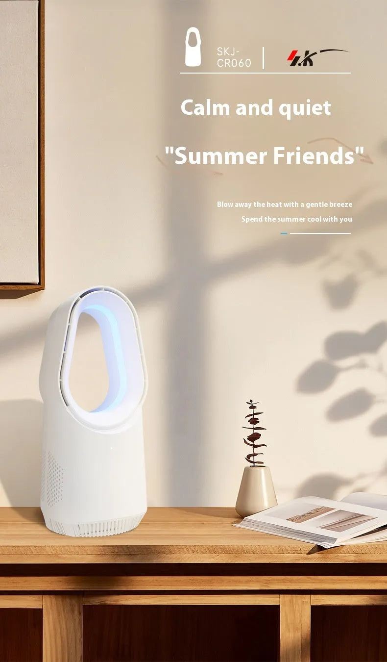 SK bladeless tower fan in white with remote control for home office cooling