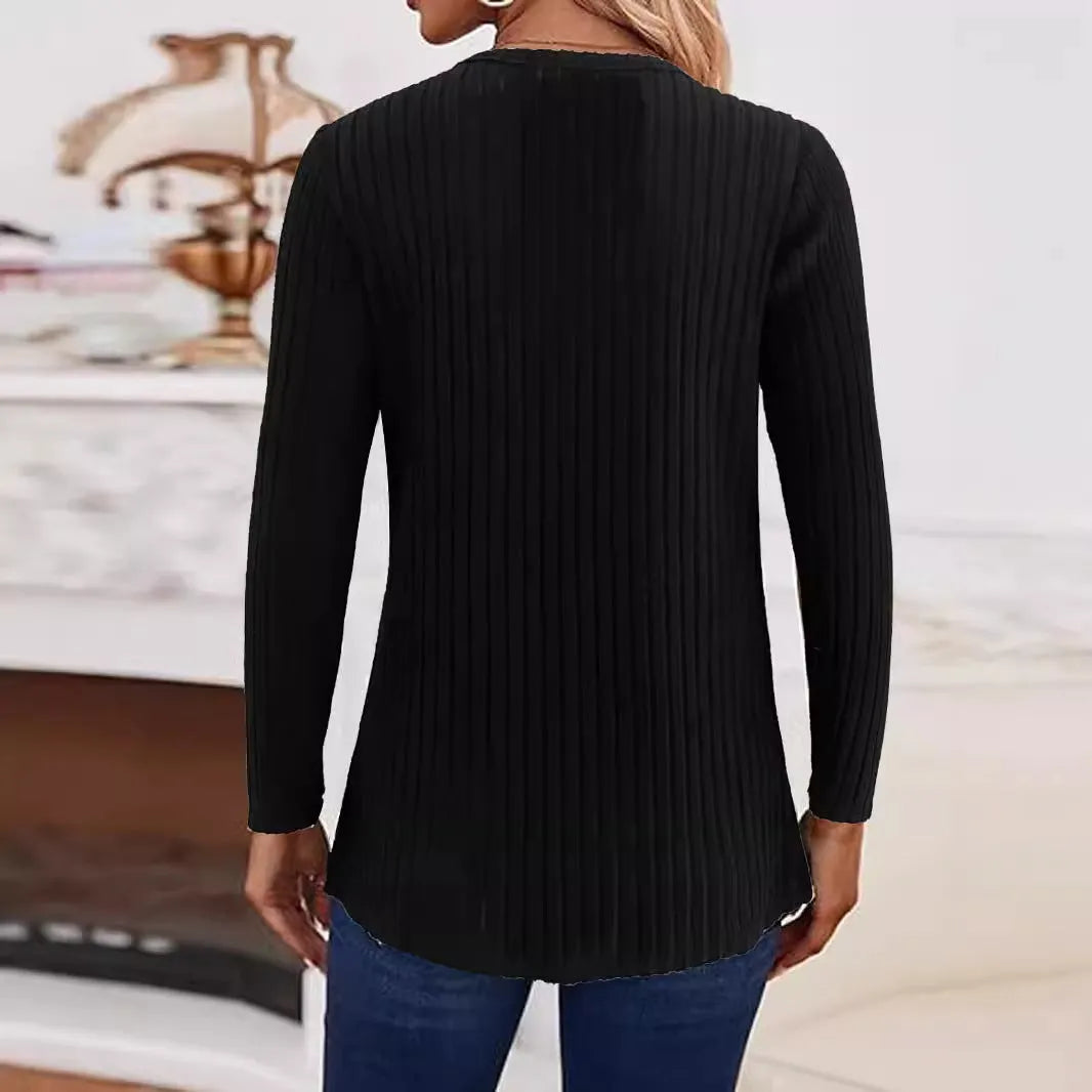 Casual grey green knitted button sweater on a hanger, showing regular sleeves and pullover style.