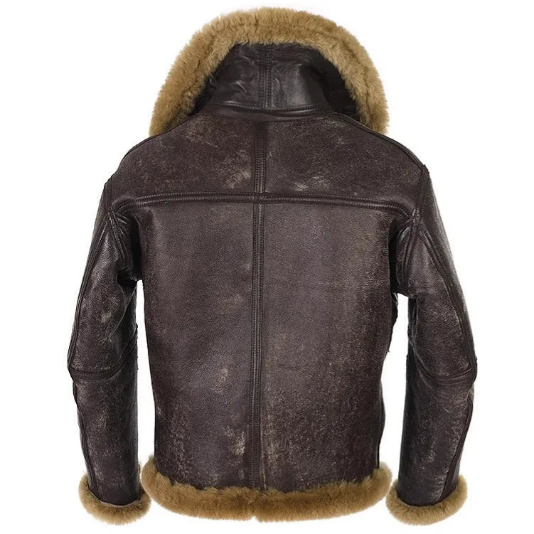 Men's brown retro western-style synthetic leather winter coat with side pockets on a mannequin.