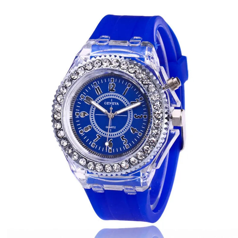 Women's LED luminous watch with round 43mm dial and silicone bracelet in multiple colour options