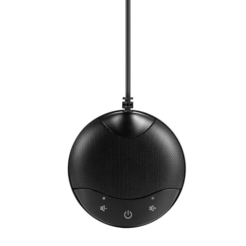 Black USB condenser microphone for computer conferencing and gaming measuring 9x9x1.7cm