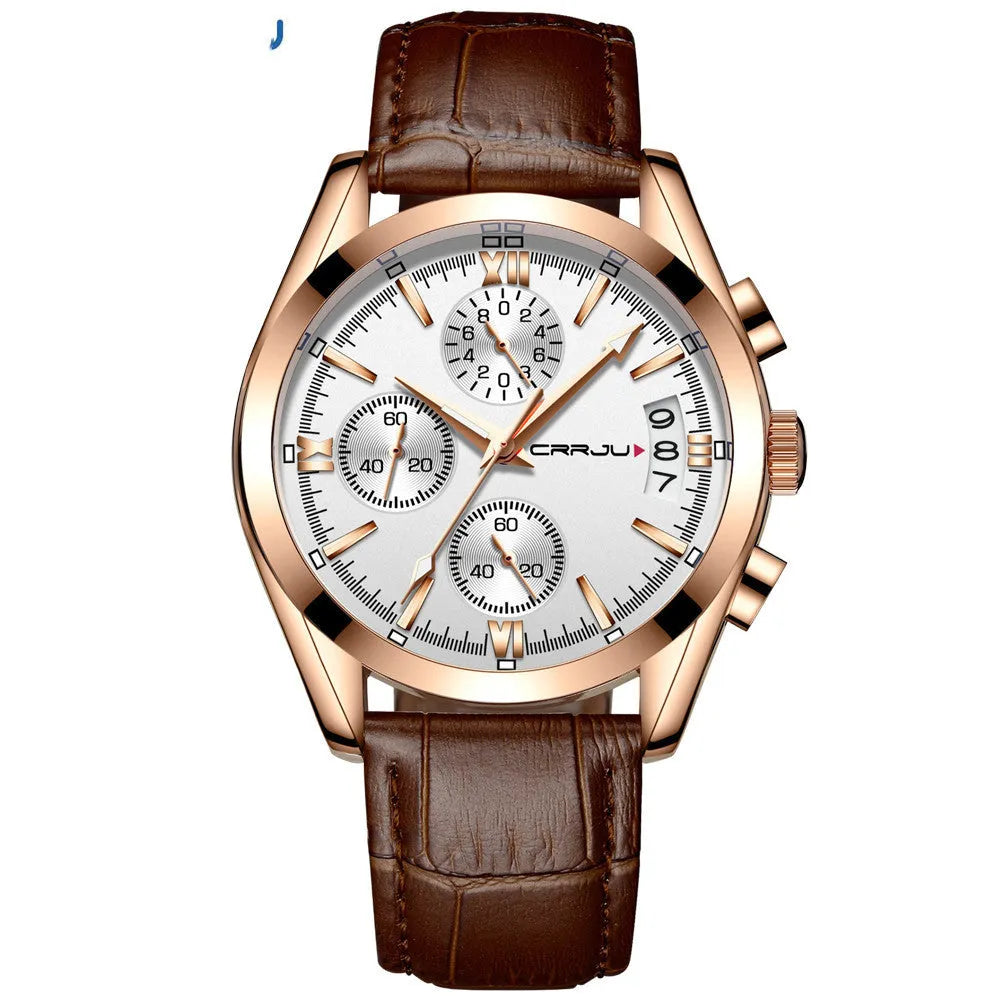 Men's multi-functional quartz watch with black shell and rose gold hands on a brown leather strap