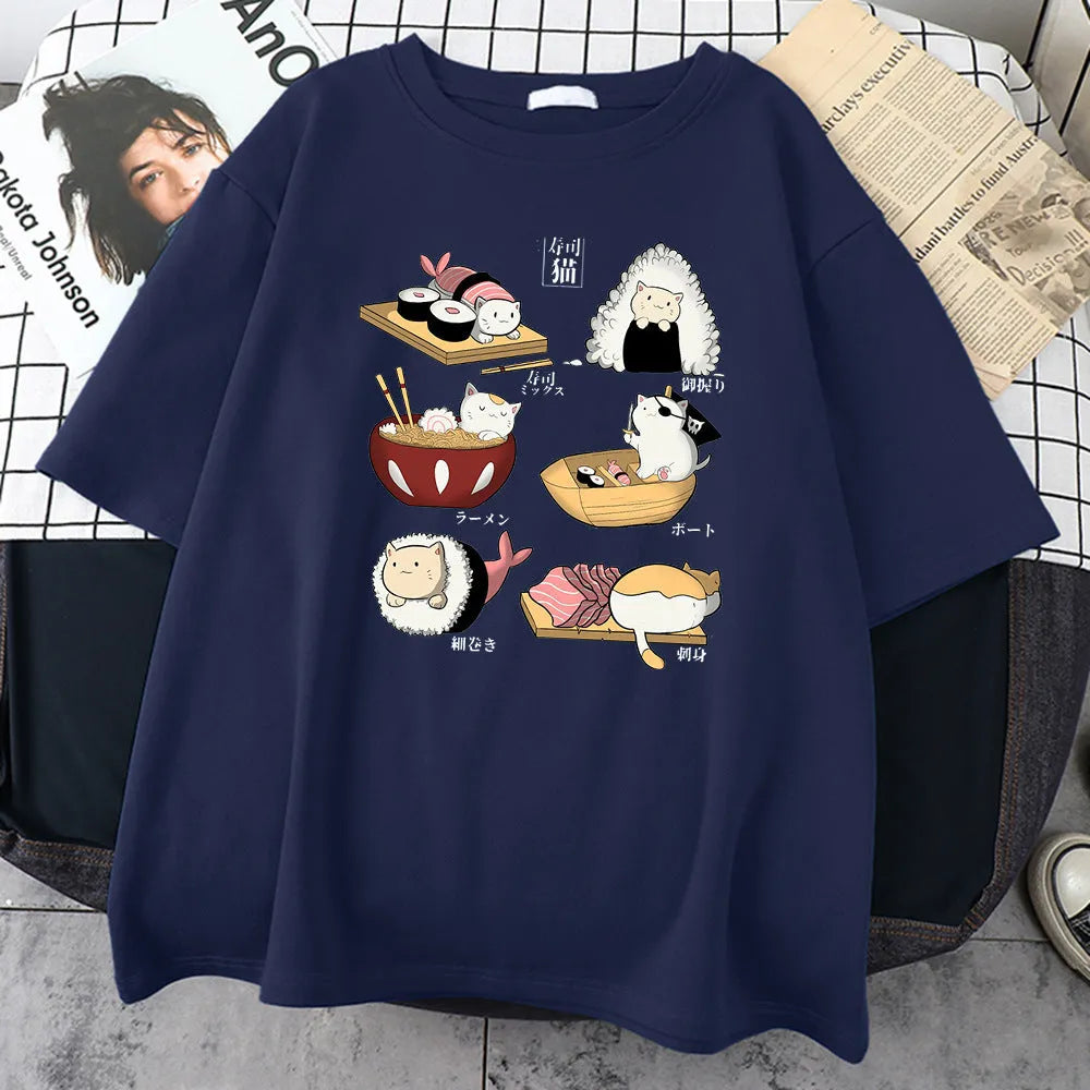 Mens black cotton t-shirt with a cartoon print of a cat dressed as sushi on a loose fit short sleeve.