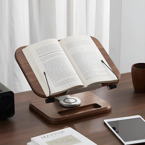 Natural walnut coloured solid wood reading rack with adjustable stand and tablet slot