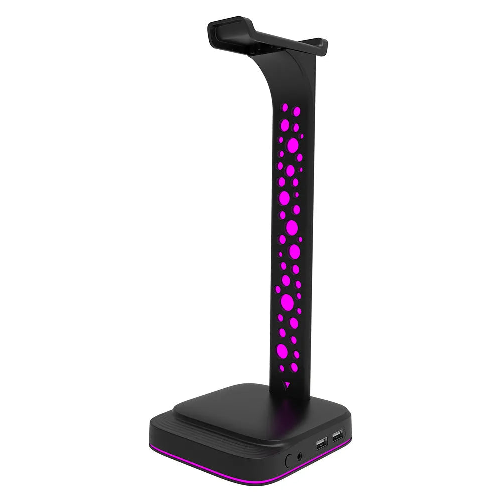 RGB illuminated headphone display stand with dual USB ports in acrylic black finish