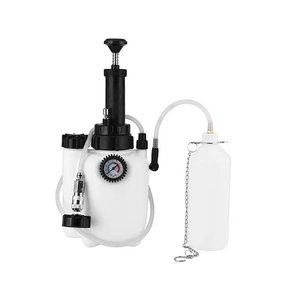 White 3-litre automotive brake fluid tank and replacement tool with copper and iron components.