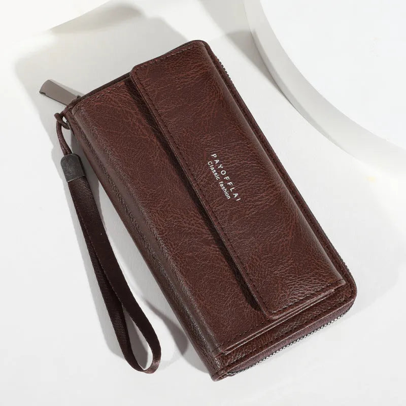 Men's black PU wallet with multiple card slots in casual long 19x10.5x4cm design