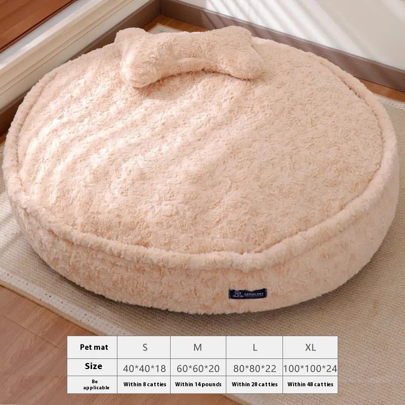 Small milk tea coloured fabric dog kennel with a round nest design on a wooden floor.