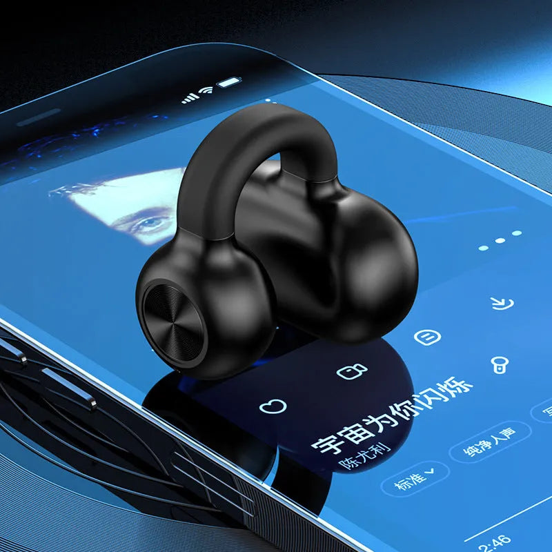 Black wireless Bluetooth clip-on bone conduction earphones for exercise with charging cable