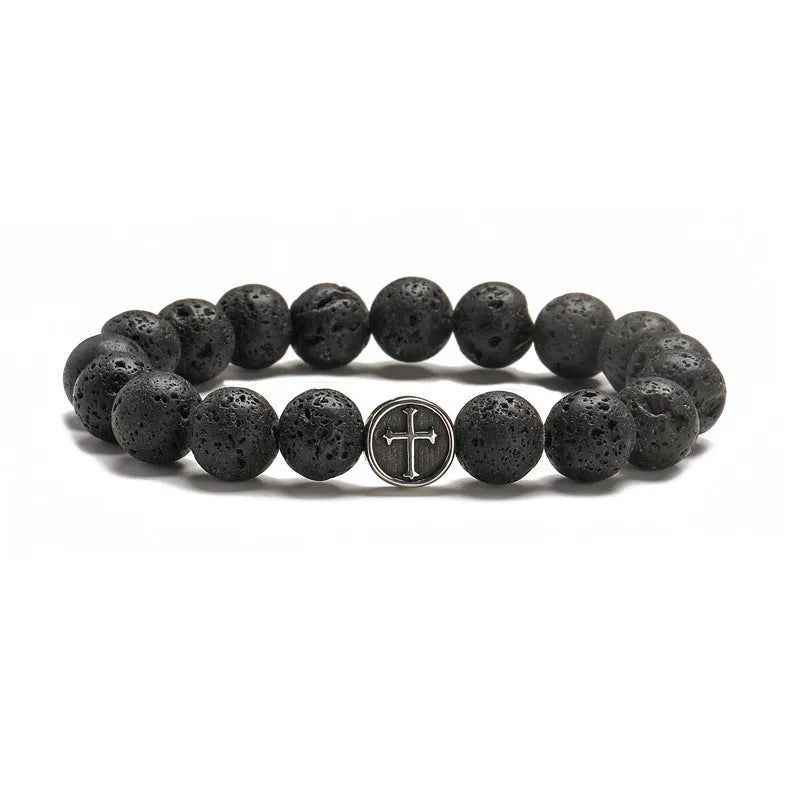 Geometric volcanic agate bracelet with stainless steel finish, showing 10mm beads.
