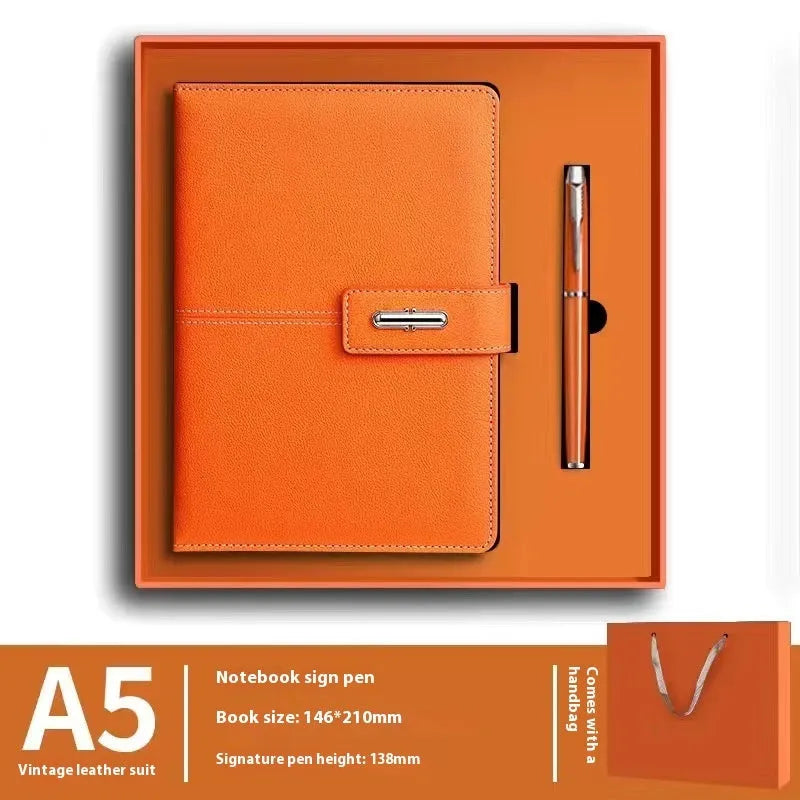 A5 notebook with PU leather cover in choice of colour, shown open on wood-free paper pages.
