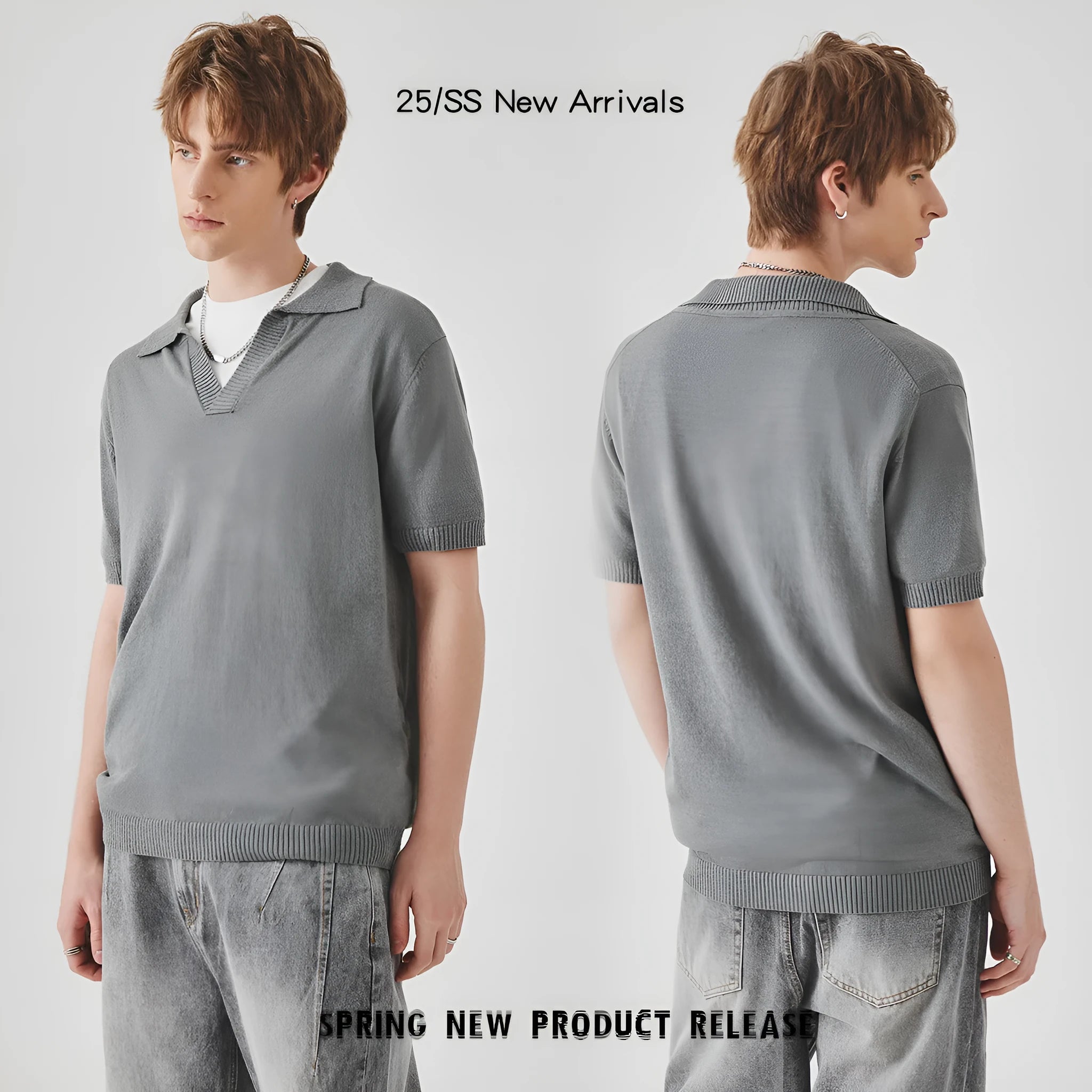 Short-sleeved polo collar casual t-shirt in solid colours on a hanger.