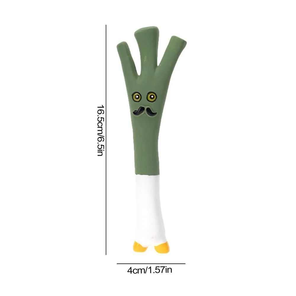 Latex vegetable dog chew toy with cartoon onion and eggplant design measuring 7x5x13cm