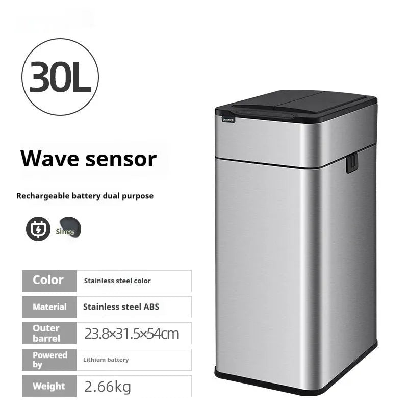 Stainless steel square inductive smart trash can with sensor lid and large capacity.