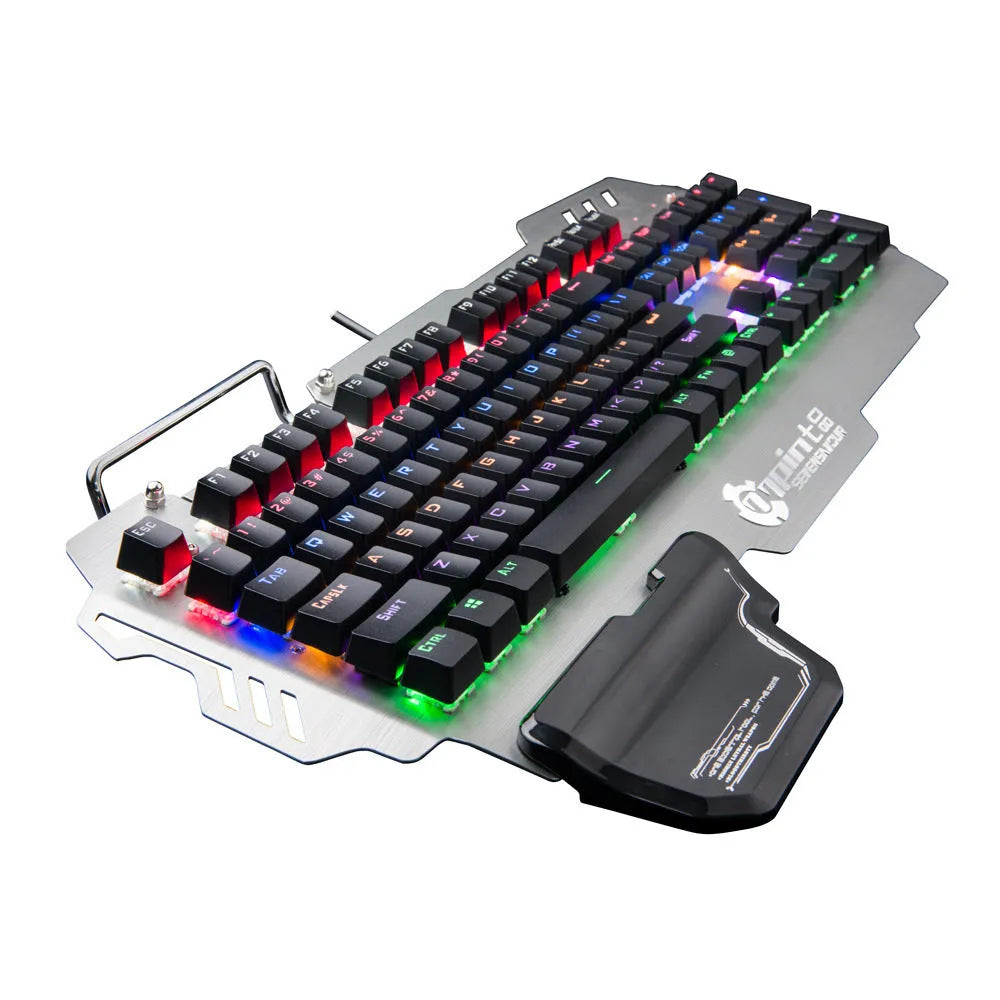 Green Axis silver metal gaming keyboard with integrated wrist splint measuring 55cm length