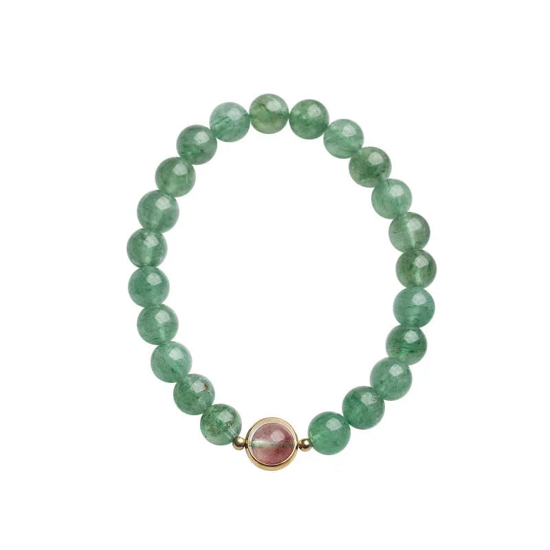 Green strawberry quartz single circle ball bracelet with 7.5mm beads and geometric Chinese style design