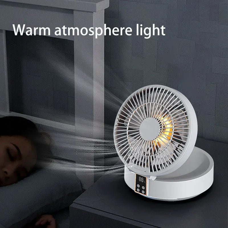 White portable folding fan with remote control, night light, and USB charging cable