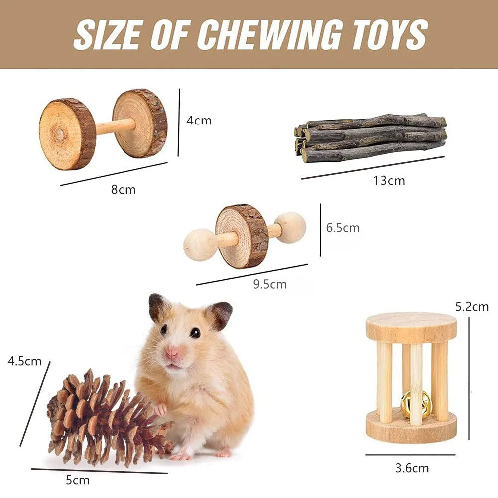 Assortment of natural wooden and woven grass chew toys for small pets like rabbits and guinea pigs