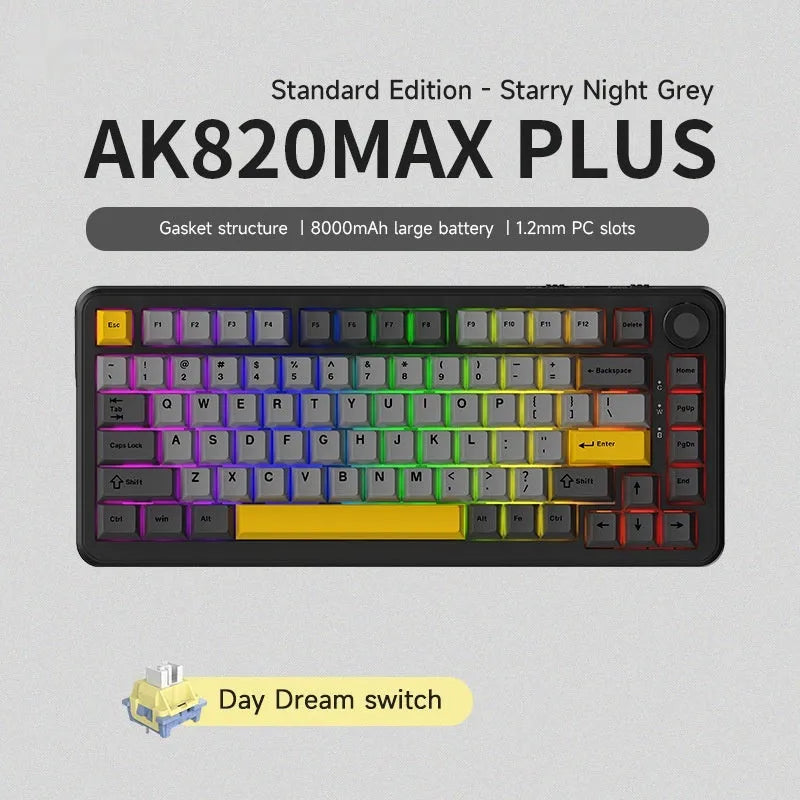 Black, grey and yellow wireless mechanical keyboard with compact 75% layout and switch puller tools